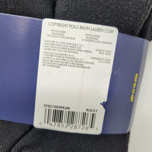 Polo Ralph Lauren Casual Crew Ribbed Sport Socks Black Silver 10-13 6-Pair Pack - Picture 4 of 4